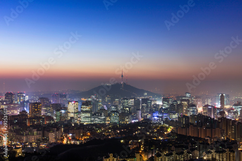 Sunrise morning at Seoul South Korea City Skyline with seoul tower.