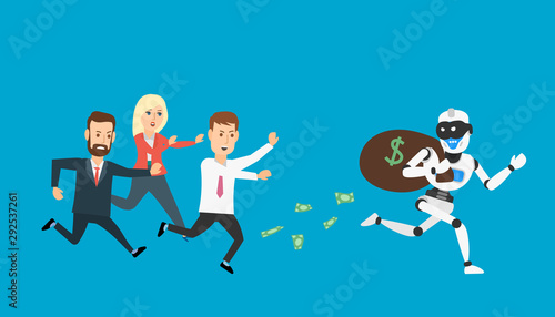 robot thief in mask run away from people with money bag. stealing finance crime concept