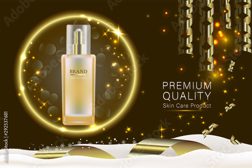 Beauty product ad design, gold cosmetic container with holiday concept advertising background ready to use, luxury skin care banner, illustration vector.