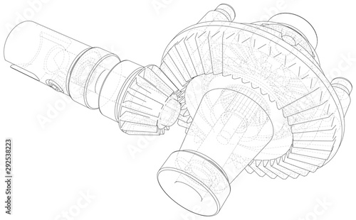 Automobile car gearbox with toothed wheels. Inside view on gearbox cross section with gears and shafts. Vector of 3d. Wire-frame style.