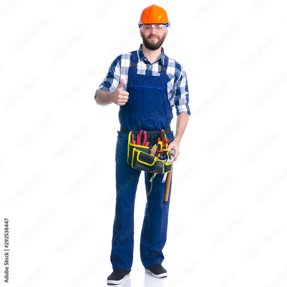 Man worker builder with helmet and protective glasses, tool belt on white background isolation Man worker builder with helmet and protective glasses, tool belt on white background isolation