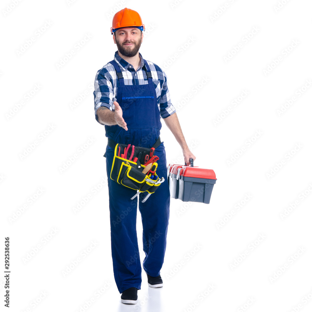Man worker builder with helmet and tool box, tool belt tool belt on white background isolation Man worker builder with helmet and tool box, tool belt tool belt on white background isolation