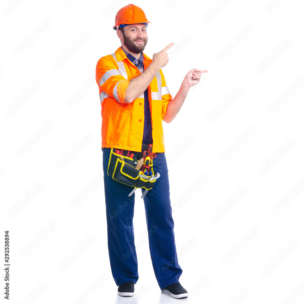 Man worker builder with helmet and tool belt on white background isolation Man worker builder with helmet and tool belt on white background isolation