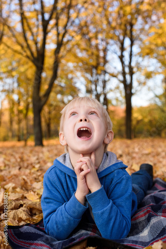 Cute little blond boy lies on a plaid and look up  yellow autumn leaves. Smiling and having fun. Fall day