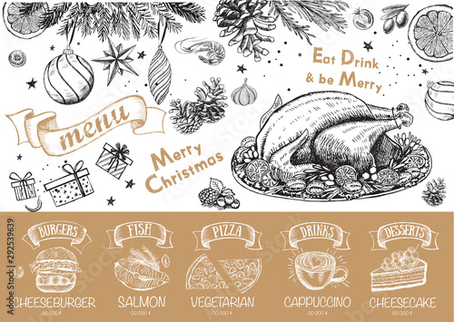 Christmas menu. Sketch illustration. Vector.