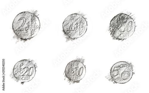 Pencil drawing 2 euro, 1 euro, 50 cent, 20 cent, 10 cent, 5 cent coin on white background