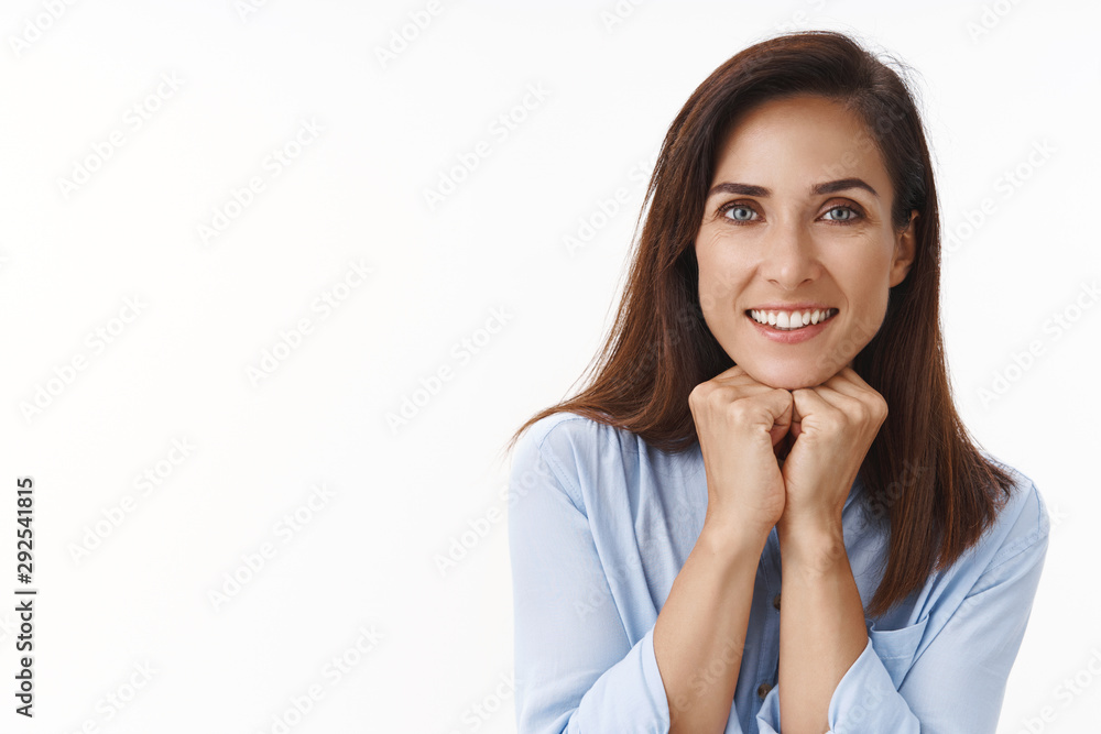 Lovely carefree lucky adult woman brunette with tattoo, lean hands looking joyful and happy camera, listen interesting story, gaze fascianted flirty, enjoy having good conversation, white background Lovely carefree lucky adult woman brunette with tattoo, lean hands looking joyful and happy camera, listen interesting story, gaze fascianted flirty, enjoy having good conversation, white background