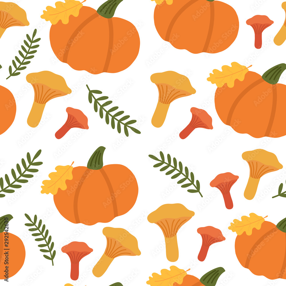 Autumn seamless pattern. Oak leaves, pumpkin and mushrooms. Autumn seamless pattern. Oak leaves, pumpkin and mushrooms.