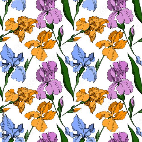 Vector Iris floral botanical flowers. Black and white engraved ink art. Seamless background pattern.
