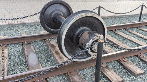 Monument to the railway wheelset. Sarapul City, Udmurt Republic, Russia. photo