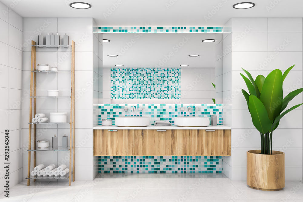 White and blue mosaic bathroom with double sink White and blue mosaic bathroom with double sink