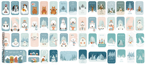 Cute winter holiday sticker icon set. Elements for christmas greeting card, poster design