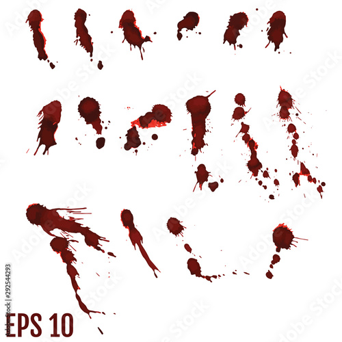 Blood blot, red drops, splatter painted art on white.
