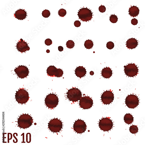 Blood blot, red drops, splatter painted art on white.