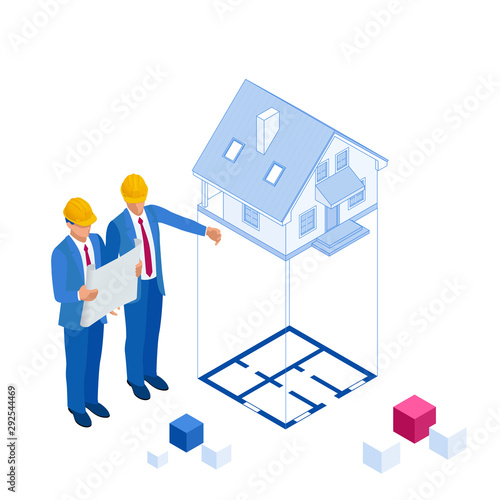 Isometric architect builders studying layout plan of the house, a civils engineers working with documents on construction site