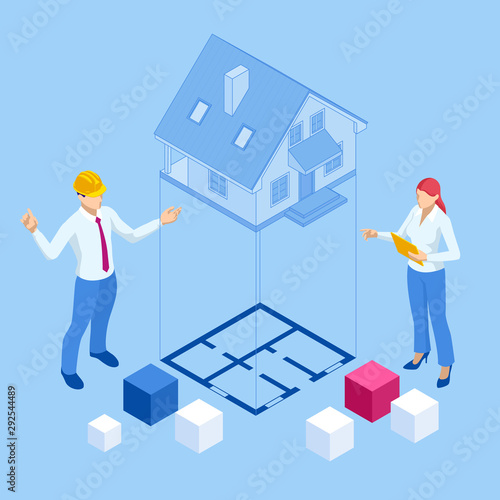 Isometric architect builders studying layout plan of the house, a civils engineers working with documents on construction site