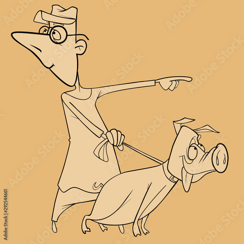 sketch of cartoon man holding a pig on a leash