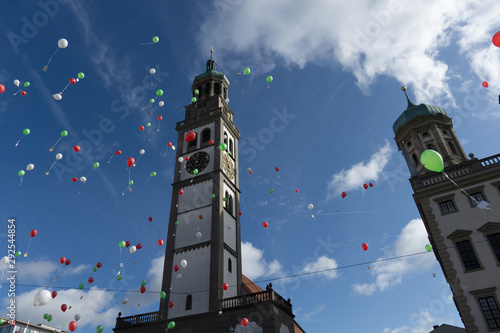 Turamichele celebration with ballons in front of Perlach tower in Augsburg, Germany, Bavaria photo