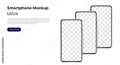 Three phones in a row realistic smartphone template mockup for user experience presentation. Stylish concept design for websites, applications and landing pages.