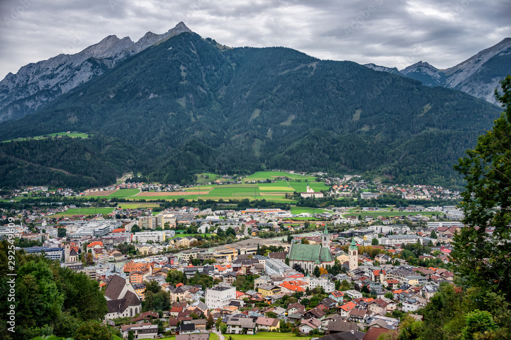 View of valley and mountains at Schwaz from view above the town, Schwaz, Austria