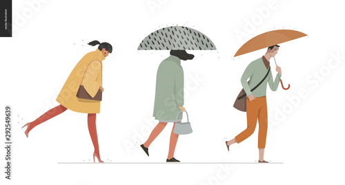 Rain - walking people set - modern flat vector concept illustration of people with umbrella, walking or standing in the rain in the street
