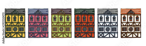 Colorful german houses cartoon collection urban landscape front view of European city street building facades. Hand drawn vector illustration sketch style.