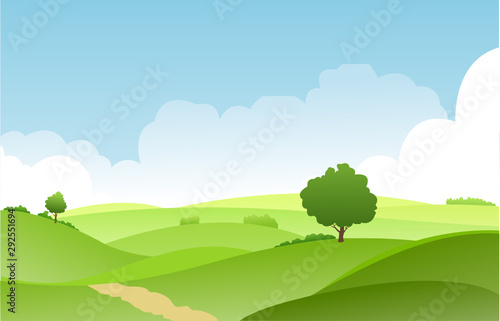landscape summer green fields with grass trees white cloud and blue sky .vector
