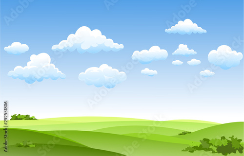 Vector illustration of summer fields landscape with a dawn, green hills, bright color blue sky and cloud, country background in vector cartoon style .