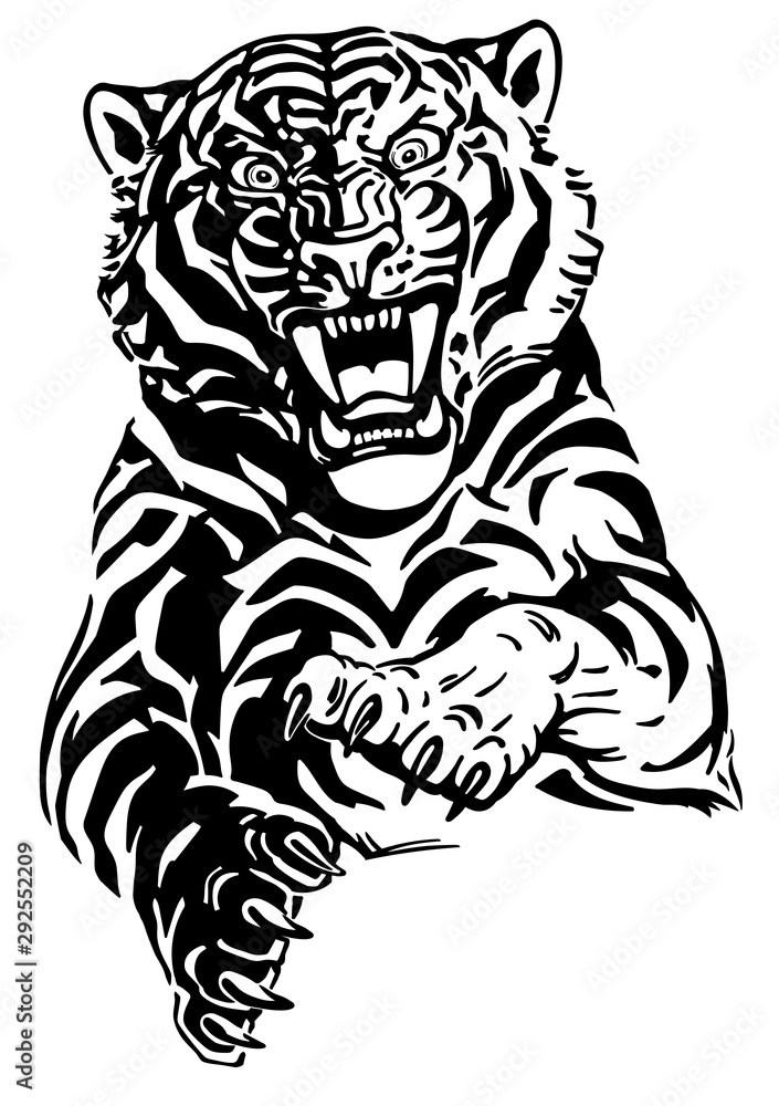 Angry leaping tiger. Jumping big cat. Front view. Black and white tattoo style vector illustration Angry leaping tiger. Jumping big cat. Front view. Black and white tattoo style vector illustration