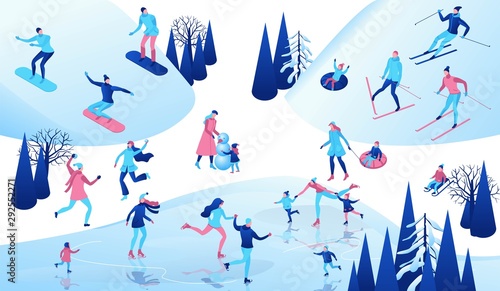 Winter isometric people set, 3d vector sport family ice skating, skiing, snowboarding, playing snowballs, simple skater, ski, tubing, riding at mountain, outdoor snow games, cartoon characters