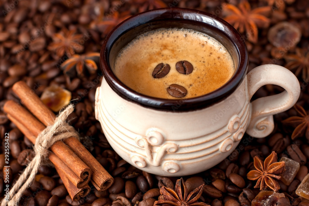 Fototapeta premium Composition with coffee cup, coffee beans and spices