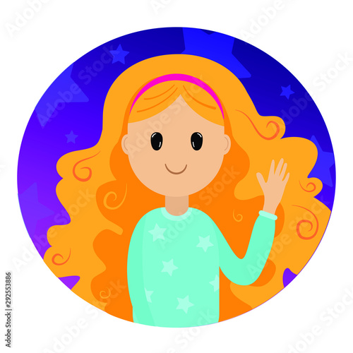 Young pretty smiling girl with blond curly long hair waves her hand. Vector girl icon.