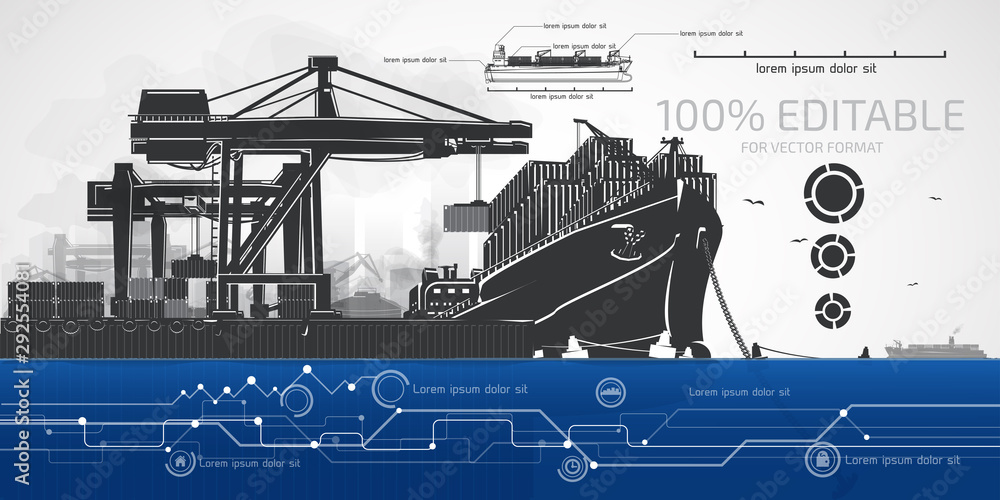 Container ship and cargo gantry crane on the pier. Stock Vector | Adobe ...