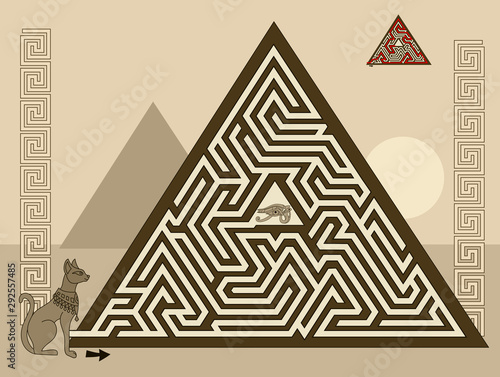 Logical puzzle game with labyrinth for children and adults. Find the way in pyramid to ancient Egyptian treasure. Printable worksheet for kids brain teaser book. IQ test. Vector image.