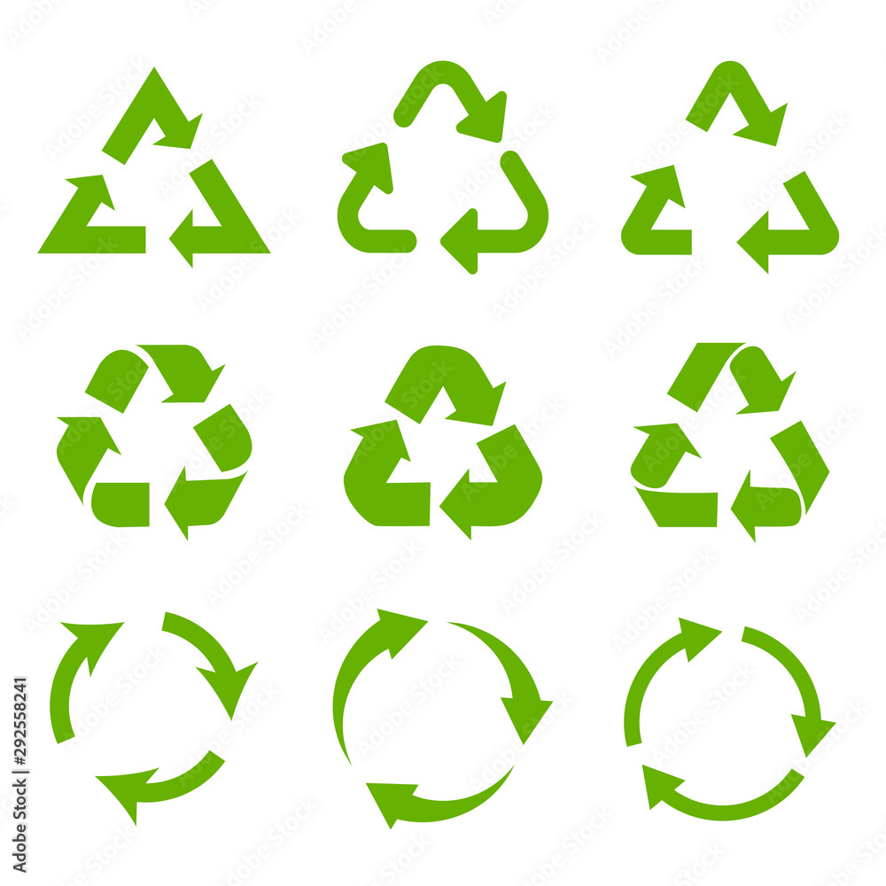 Fototapeta premium Set of green recycle arrows icons on a white background in a flat design