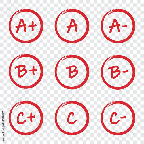 Set of grade result red circles on a transparent background