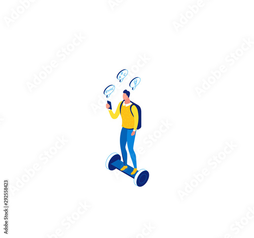 Man on gyroboard, online learning 3d isometric concept, , mobile phone, digital education technology, distance study, internet courses, blue, yellow line illustration