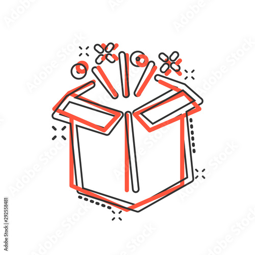 Gift box icon in comic style. Magic case vector cartoon illustration on white isolated background. Present business concept splash effect.