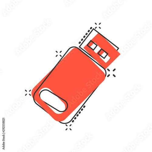 Usb drive icon in comic style. Flash disk vector cartoon illustration on white isolated background. Digital memory splash effect business concept.