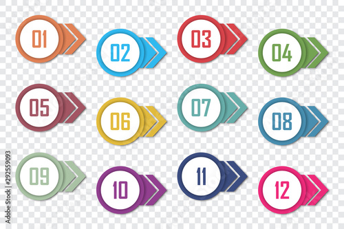 Set of number bullet point 1 to 12. Vector illustration