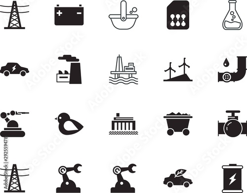 factory vector icon set such as: mining, trolley, alternative, ladle, chip, cart, green, chemical, decoration, cartoon, wing, shape, analysis, chemistry, image, load, mineral, farm, test, check, bird