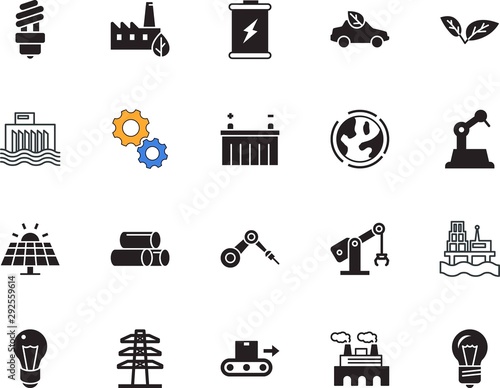 factory vector icon set such as: river, check, fluorescent, lamp, oil, cogwheel, orbit, automobile, pole, high, pipe, engine, full, organic, concrete, tube, structure, circle, planet, offshore