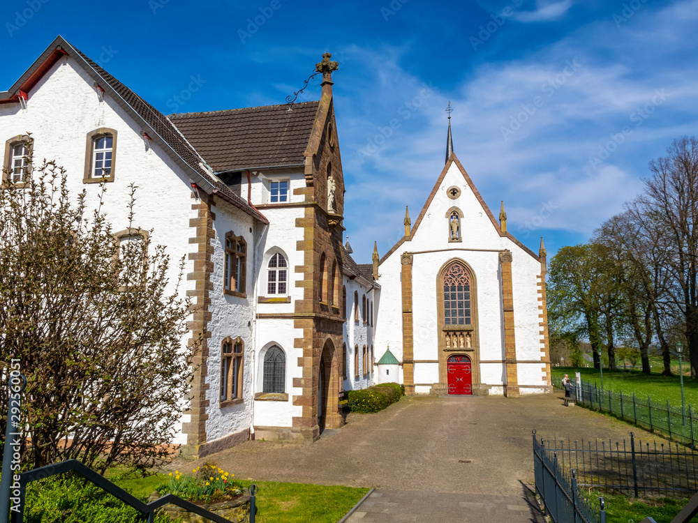 Mariawald Trappist Abbey with church above the village of Heimbach, District of Dueren, North Rhine-Westphalia, Germany, the only extant men's Trappist monastery in Germany