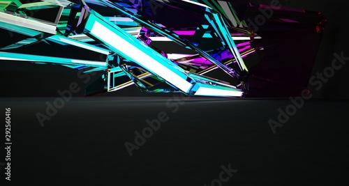 Abstract architectural black and glass gradient color interior of a minimalist house with color gradient neon lighting. 3D illustration and rendering.