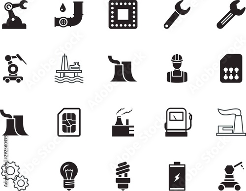 factory vector icon set such as: round, long, offshore, human, contour, alkaline, circle, charge, illumination, electronic, technical, low, network, extraction, avatar, flow, engineer, saving