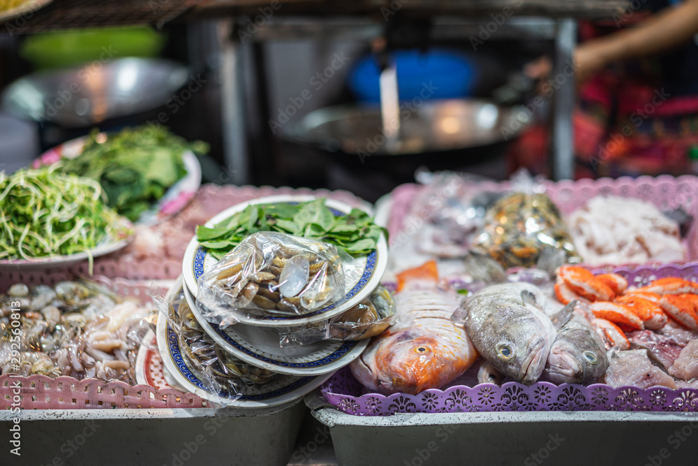 The market in Thailand is full of food, street food, spicy, seafood, veggie. The market in Thailand is full of food, street food, spicy, seafood, veggie.
