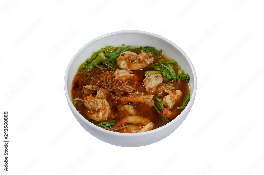 Sour soup with shrimp and water mimosa isolated on white background Sour soup with shrimp and water mimosa isolated on white background