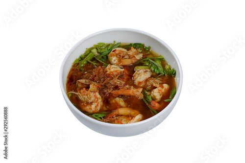 Sour soup with shrimp and water mimosa isolated on white background