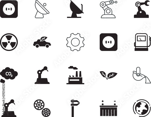 factory vector icon set such as: earth, exhaust, creative, conservation, precision, hot, leaf, hybrid, cogs, thin, movement, beauty, refinery, sphere, formula, world, melting, measure, transport