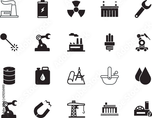 factory vector icon set such as: crude, transportation, beam, casting, saver, leaf, clean, canister, architect, key, efficient, project, renewable, slag, bulb, impact, home, horseshoe, drawing, full